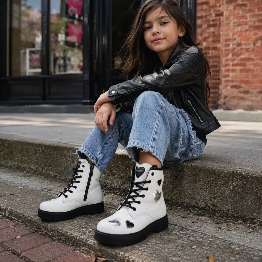 Skechers Kids Heart Cut-Out White Combat Boots Side Zip Lug Sole 303409L Size 1